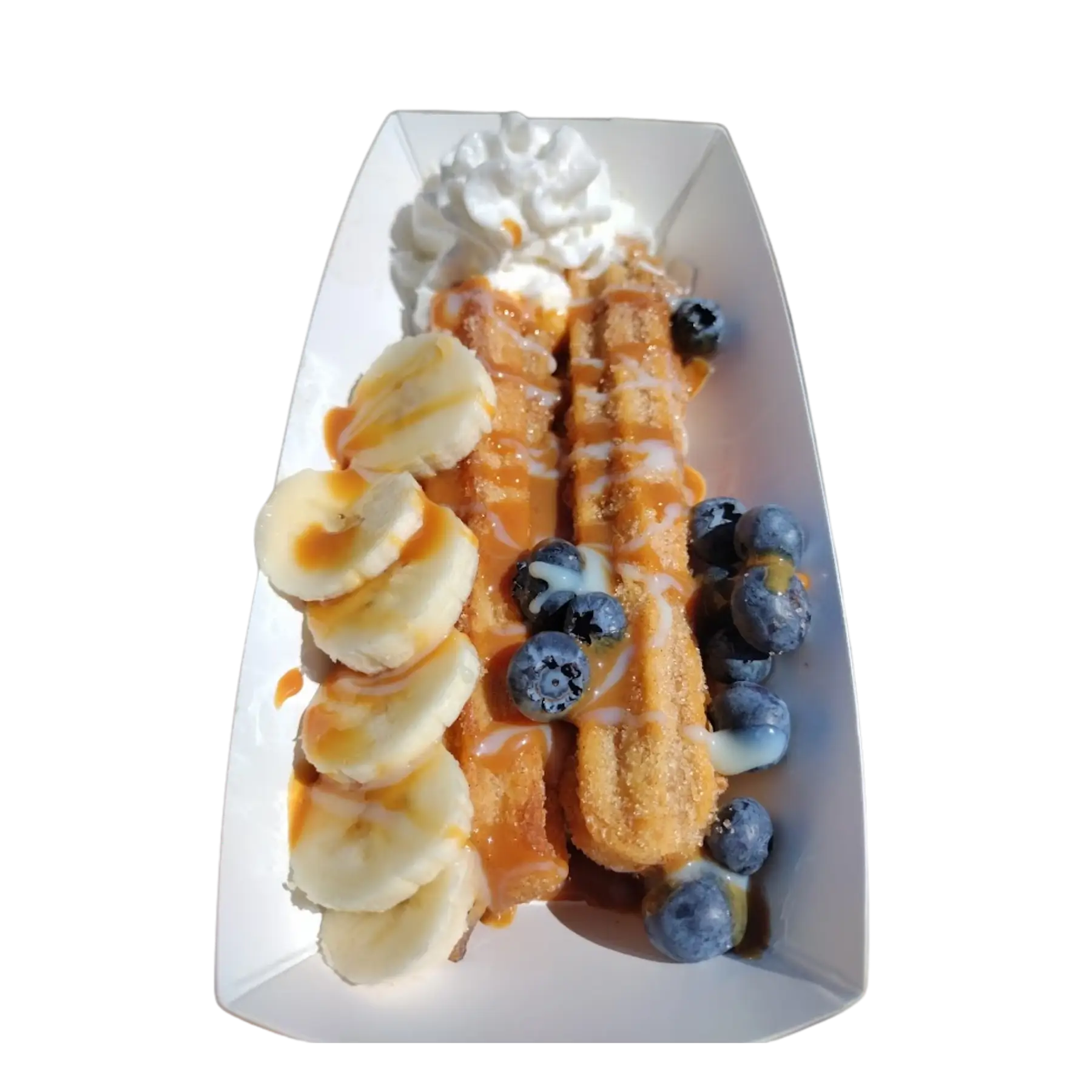 Cinnamon-sugar churros with caramel and fresh fruit for Colorado event catering