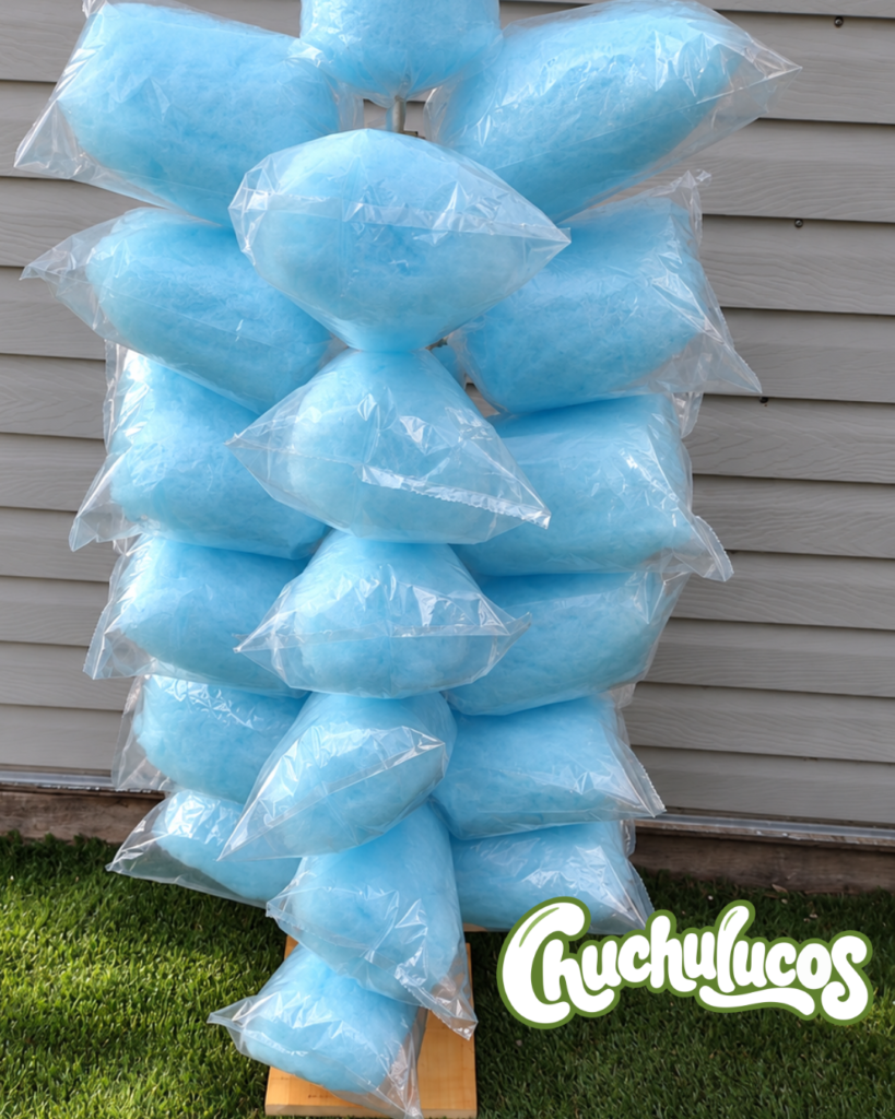 Blue cotton candy bags on a display stand