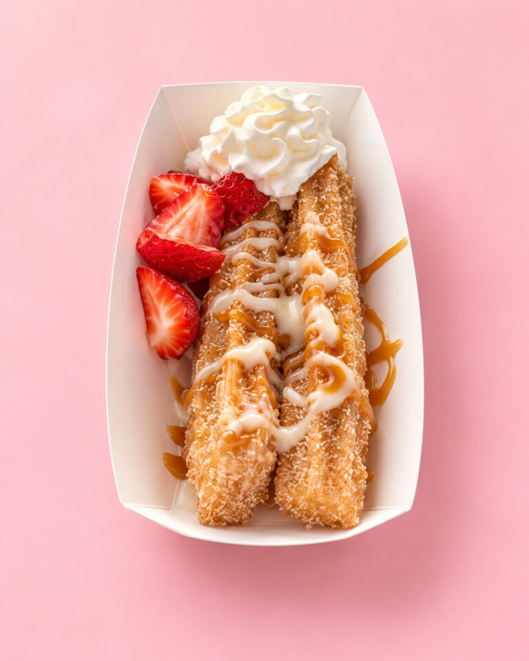 Churros with whipped cream and strawberries