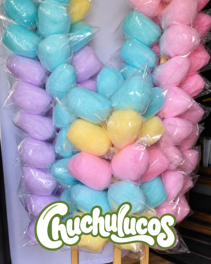 Pastel cotton candy bags on a Chuchulucos display