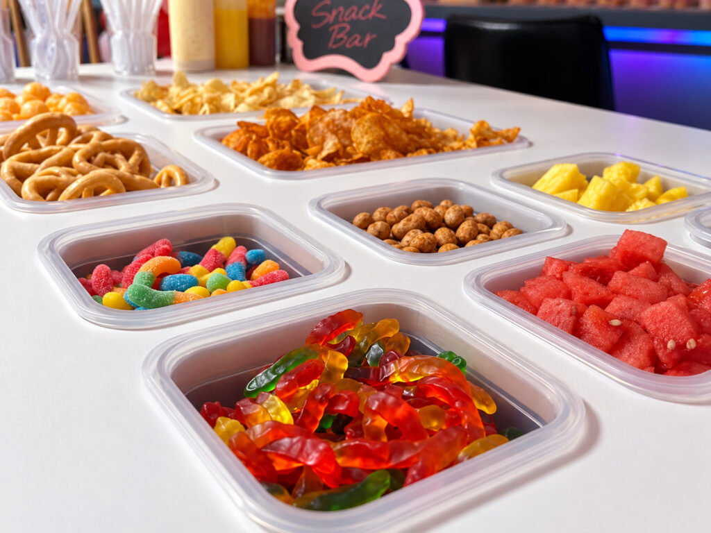 Dessert bar toppings with gummies, fruit and chips